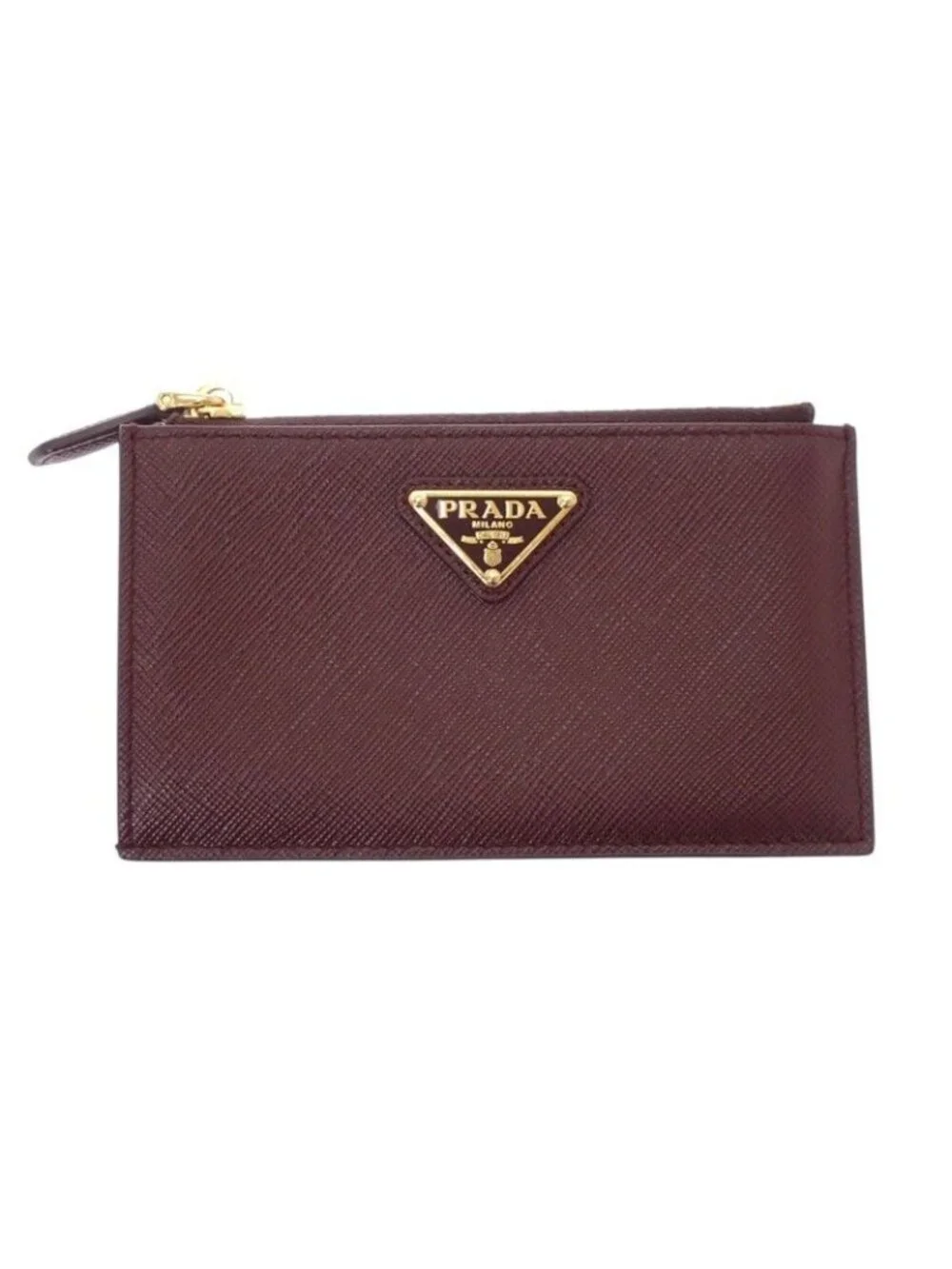 Prada Saffiano Triangle Card Case Bordeaux Burgundy Gold Genus